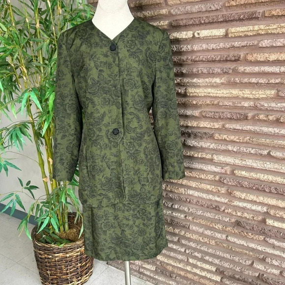 Kasper for ASL Vintage Green Black Roses Tunic Blazer Skirt Suit Size 10 - Picture 10 of 11
